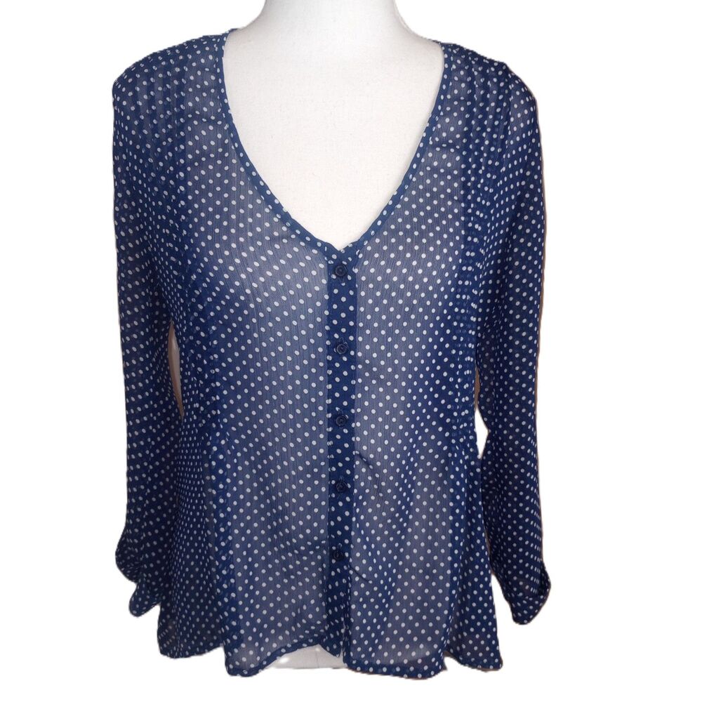 Women's Sheer Navy Dotted Swiss, Lightweight Blouse by Kiva / Size Small